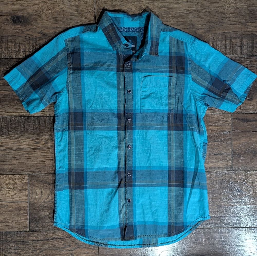 Prana Mens Turquoise & Gray Plaid Classic Button Down Shirt Sleeve Shirt Sz Med